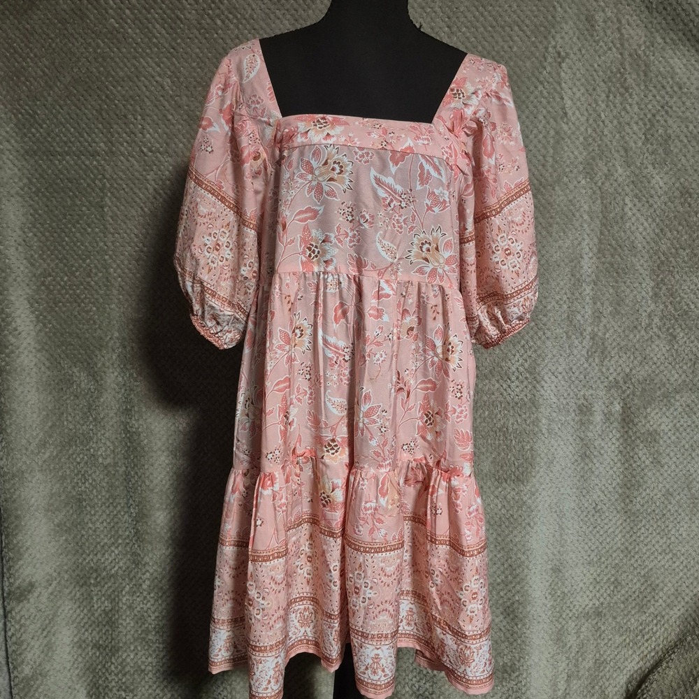 Band of the Free Pink Floral Puff Sleeve Tiered Boho Mini Dress Large